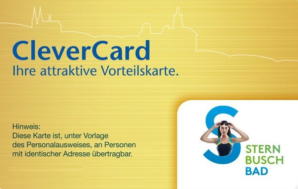 Abbildung der CleverCard der Stadtwerke Kleve - der attraktiven Vorteilskarte, die 25 % Ermäßigung auf alle Eintrittspreise im Sternbuschbad ermöglicht.
