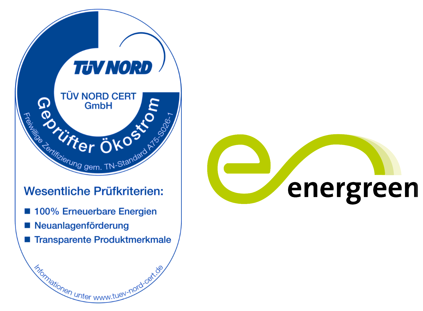 Abbildung des TÜV NORD Siegels für geprüften Ökostrom. Abbildung des Energreen Logos.